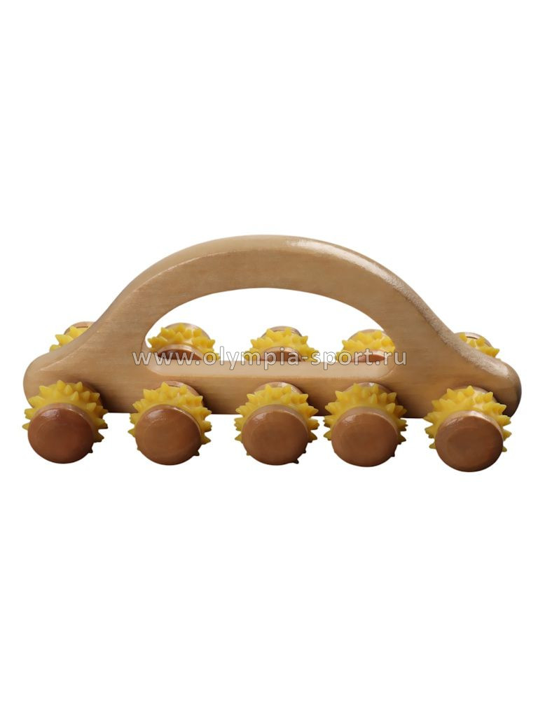 Массажёр деревянный гусеница с ручкой пластик (10 колес, 18*6*7см) OT